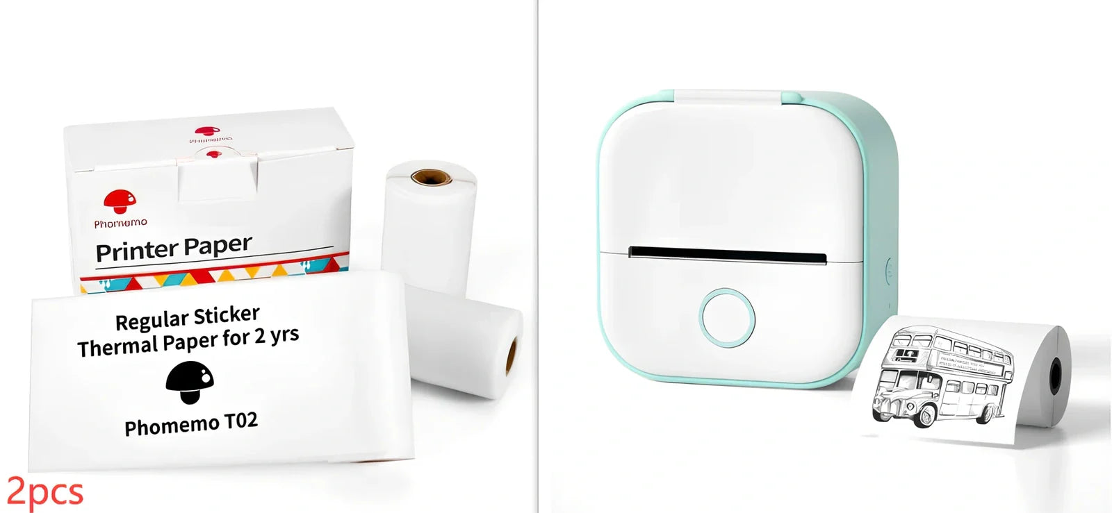 White mini pocket Bluetooth thermal label printer, 87x90x40mm size, with sample paper roll and USB charging
