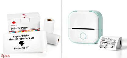 White mini pocket Bluetooth thermal label printer, 87x90x40mm size, with sample paper roll and USB charging