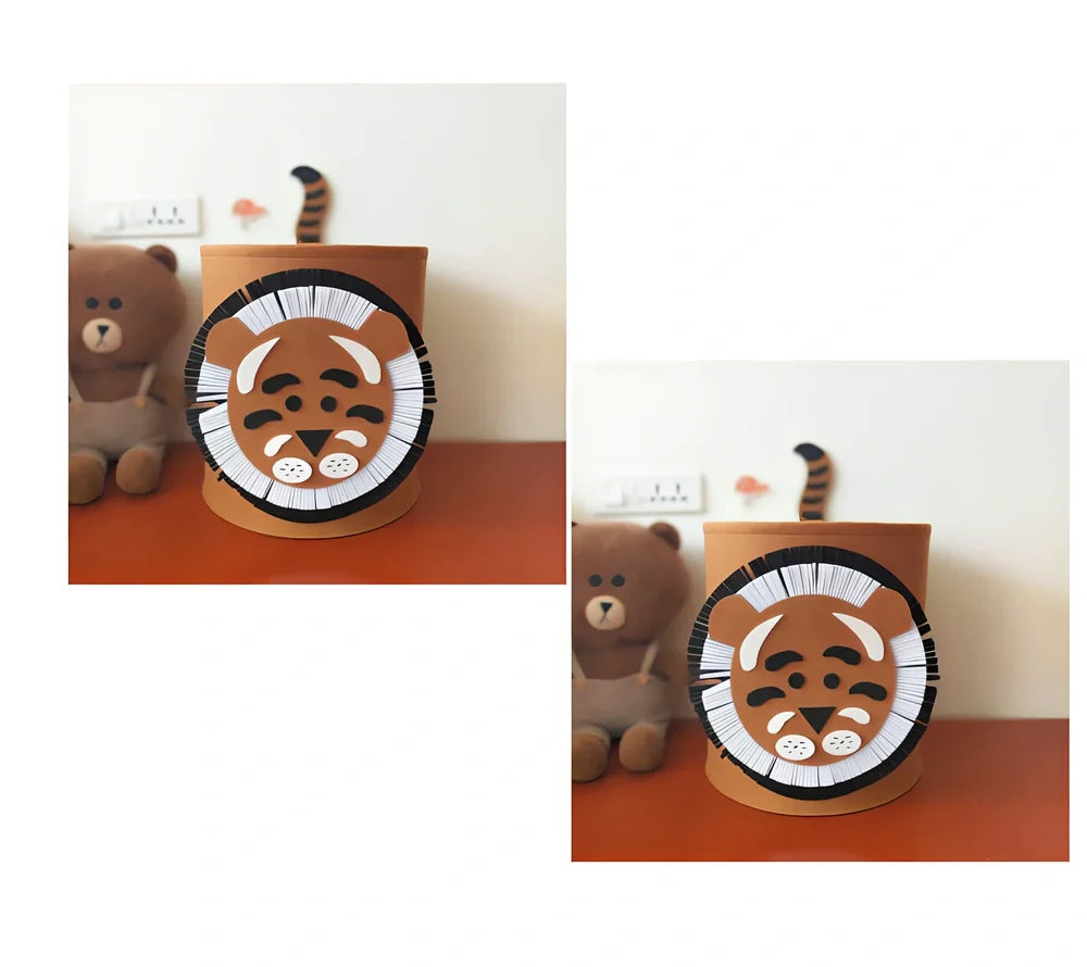Cartoon elephant felt storage basket, 29cm diameter x 30cm height, lightweight toy organiser in grey with printed design