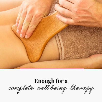 Wooden massage roller set with beechwood T-shaped roller, straight, curved and round massagers on a table.