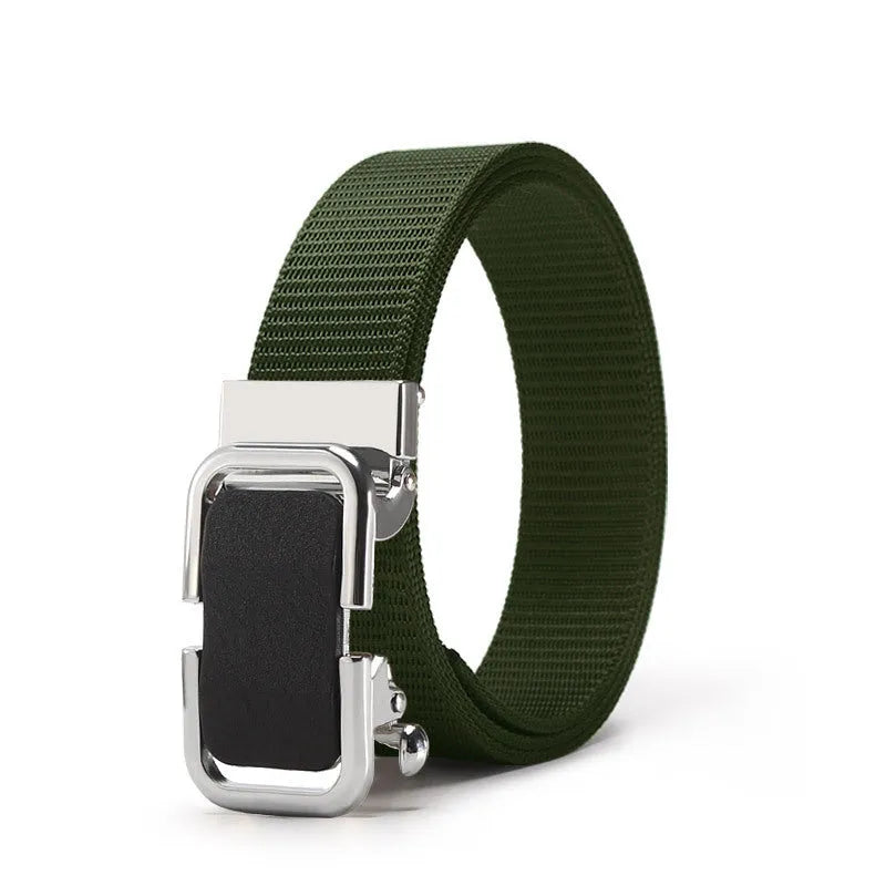 Men's toothless nylon canvas belt with an alloy buckle shown in Army Green colour, length 120cm.