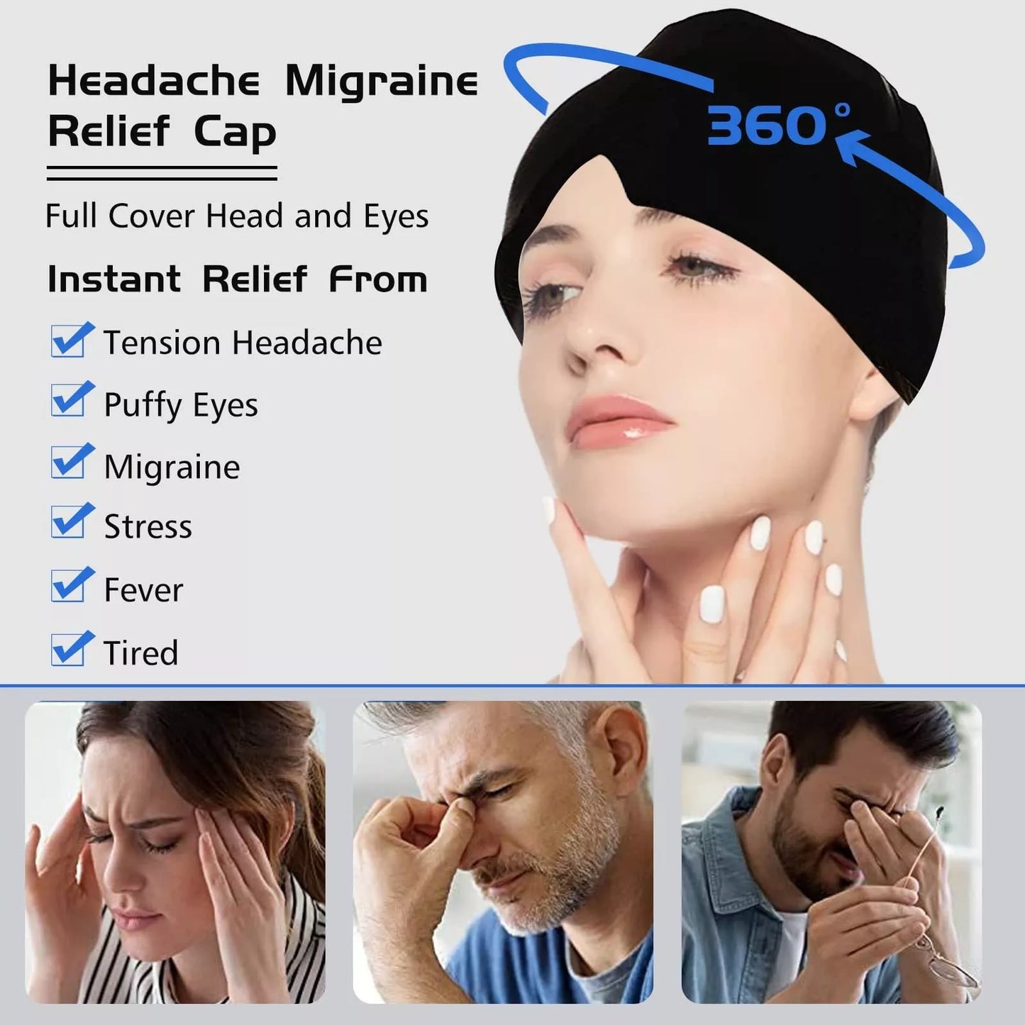 Ice Compress Headache Relief Hat in black and pink, offering 360-degree cold therapy for migraines and stress