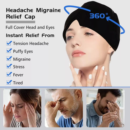 Ice Compress Headache Relief Hat in black and pink, offering 360-degree cold therapy for migraines and stress