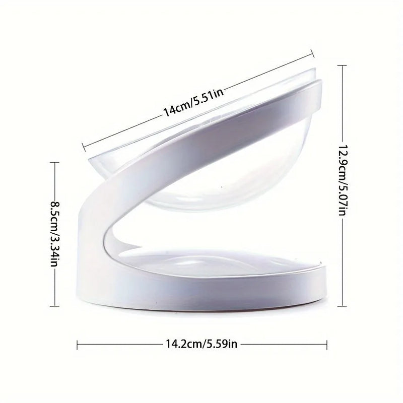 Elevated cat food bowl with 15-degree tilt angle and integrated neck support ridge made from durable BPA-free plastic, designed as an anti-vomit feeder for cats eating dry or wet food while reducing strain on their neck and shoulders.