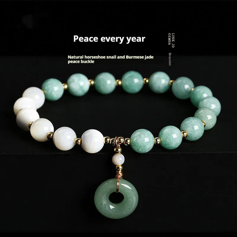 Women's handmade bracelet featuring genuine Burma jade geometric beads and a horseshoe screw safety buckle in a polished copper finish, suitable for fresh style fashion jewellery, available in a natural blue colour with 8mm bead size.