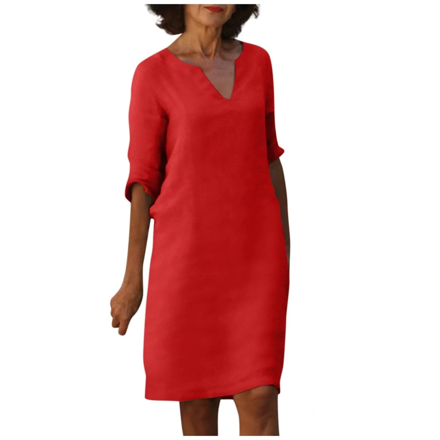 Retro cotton and linen V-neck dress with high waist and summer stitching in various colours