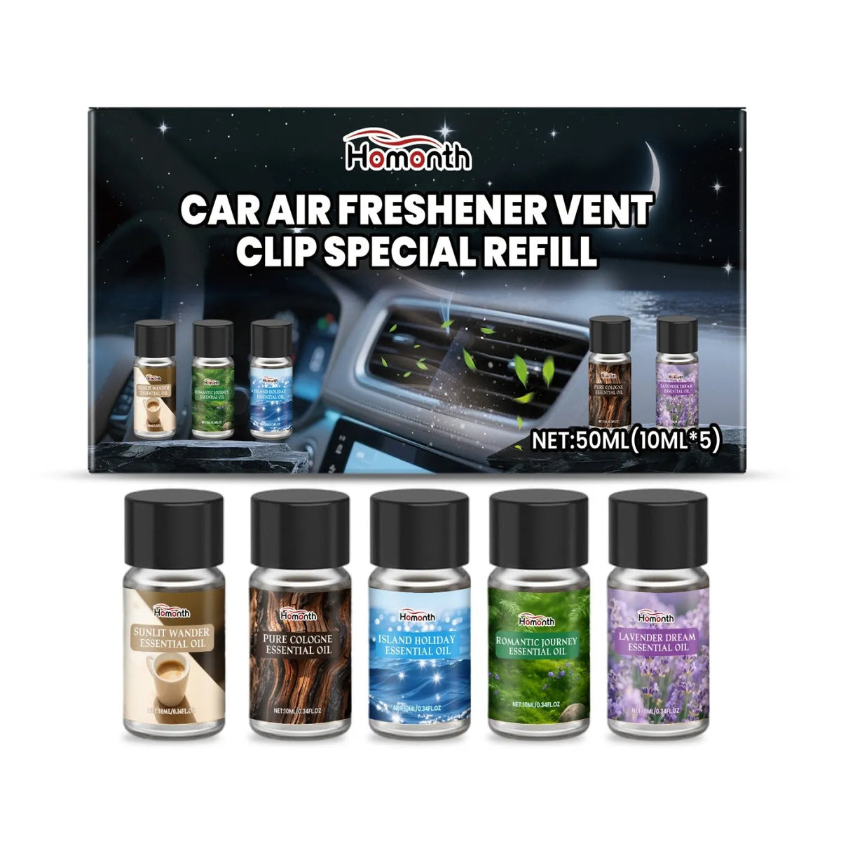 Car air freshener vent clip refill set showing five 10ml bottles with adjustable clip for car vents