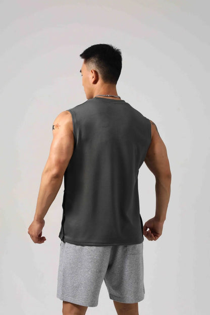 Korean style men's loose fitness vest with hidden hook design in solid colour