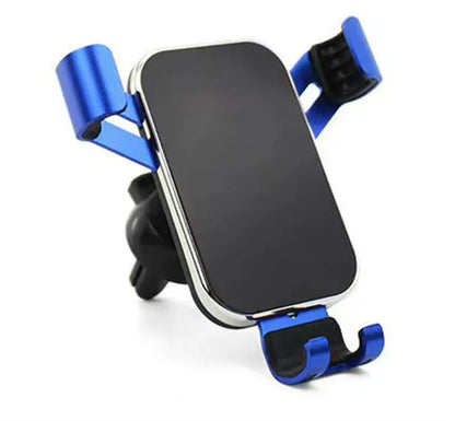 Aluminum alloy car phone holder with electroplated finish, shown in Black Blue Red and Silver options