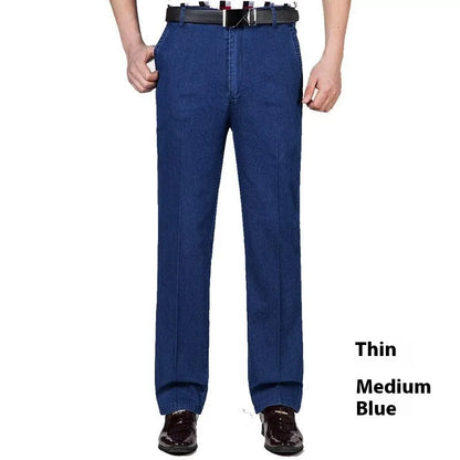Men's high waist loose blue jeans with zip fly in light, medium and dark colour options