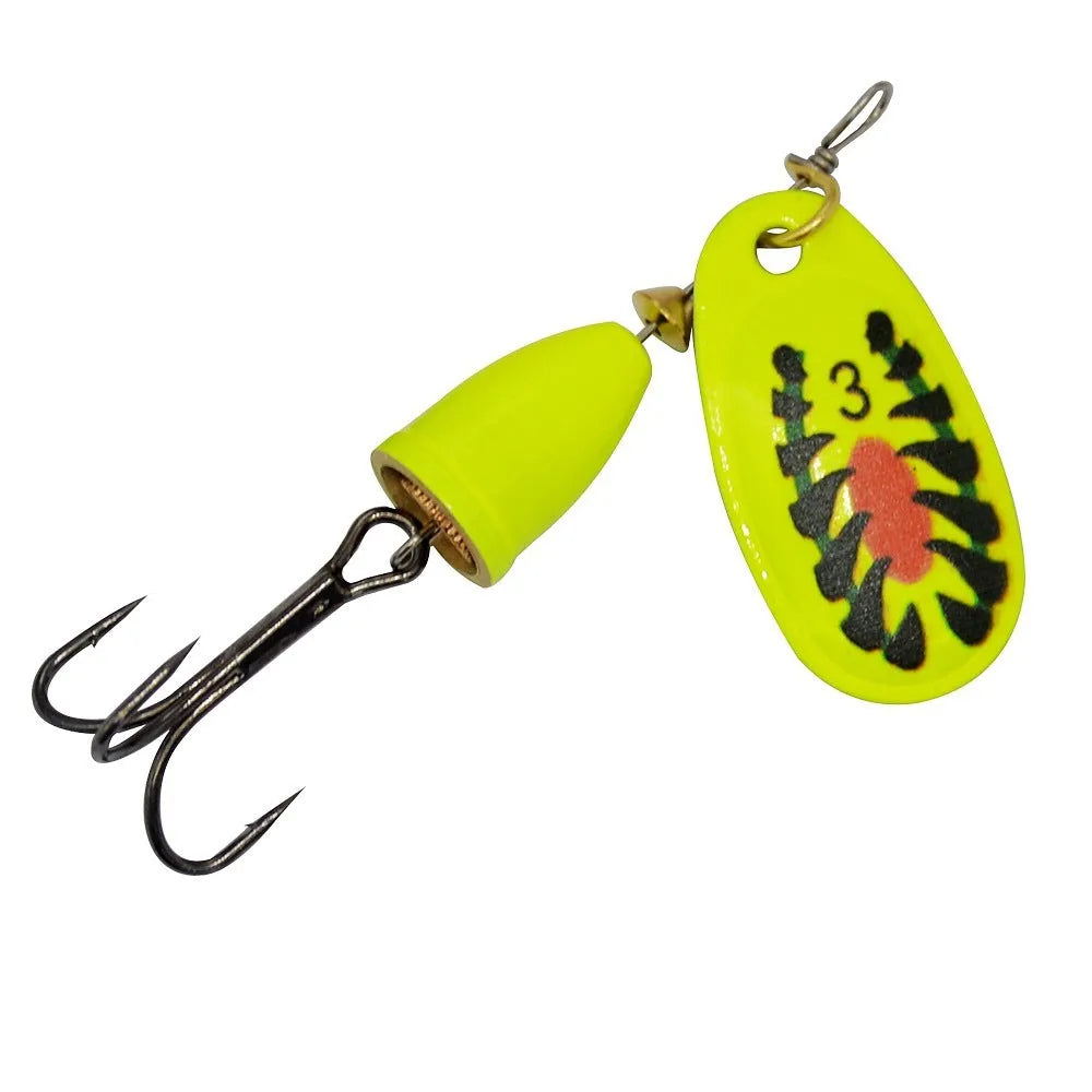 R composite rotating sequins copper bell fishing lure in seven colours showing 3# size and metal construction
