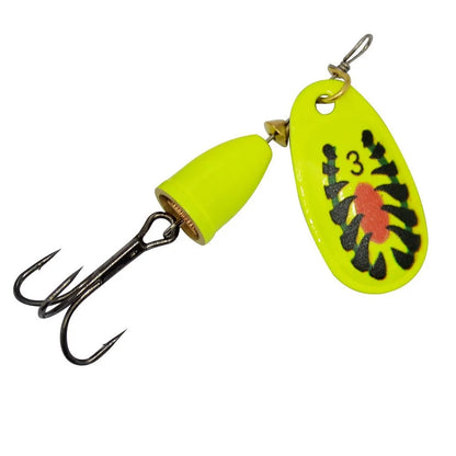 R composite rotating sequins copper bell fishing lure in seven colours showing 3# size and metal construction