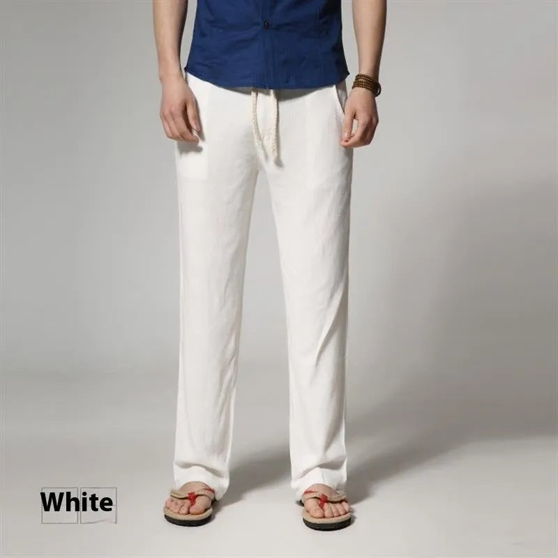 Men's straight leg casual trousers in cotton linen blend showing mid-waist design and straight leg opening