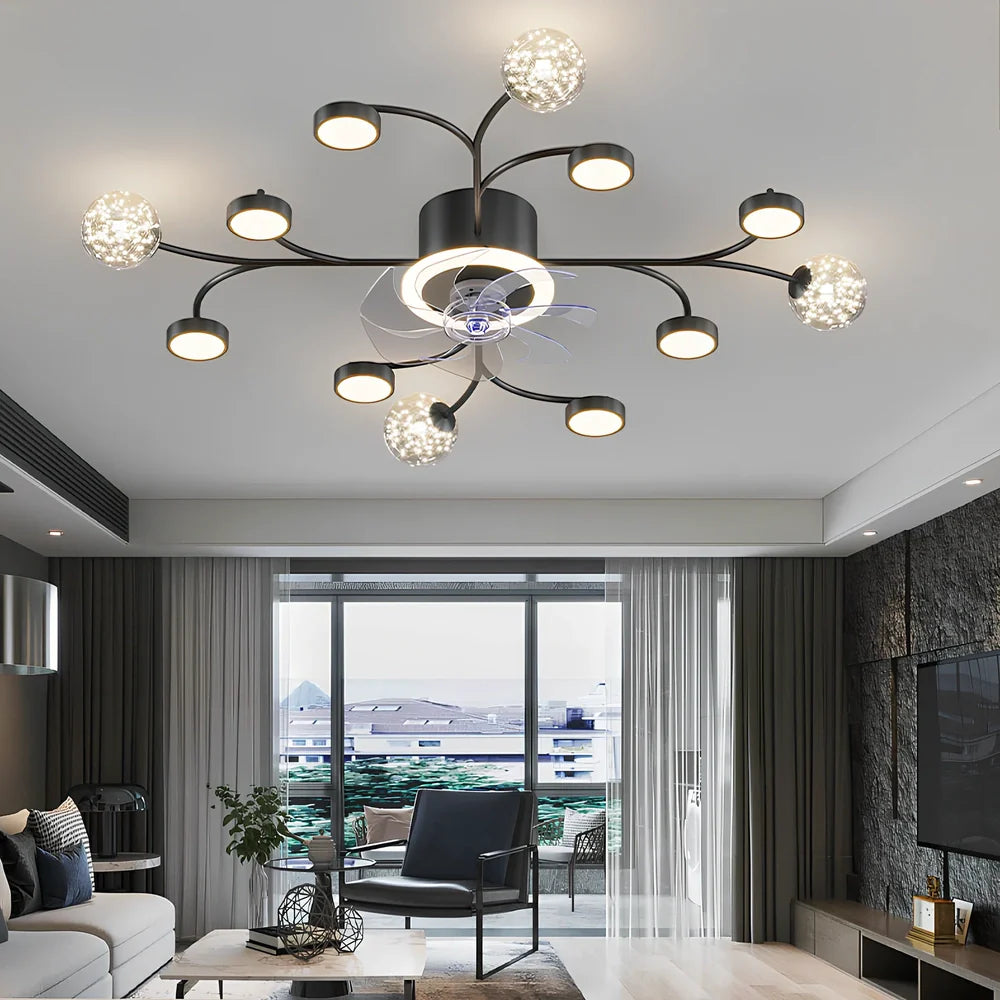 Modern ceiling fan lamp with circular PMMA shade and remote control in black or gold finish