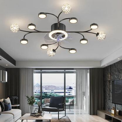 Modern ceiling fan lamp with circular PMMA shade and remote control in black or gold finish