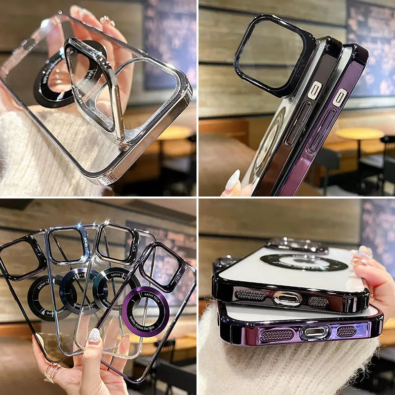 Electroplated magnetic phone case for iPhone models in dark purple, blue, black and silver colour options