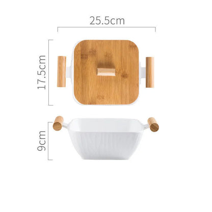 Irregular shaped porcelain ceramic bowl with lid in black, green, pink, or white colour options