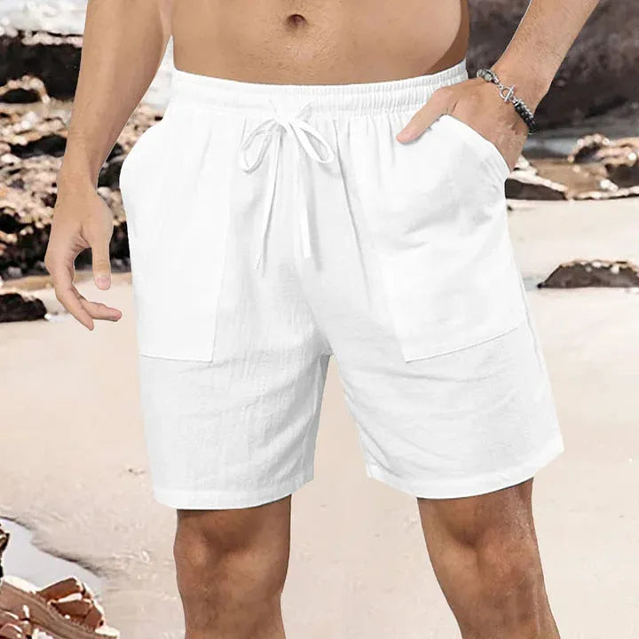 Men's light blue linen shorts with straight-leg cut on mannequin showing European sizing label