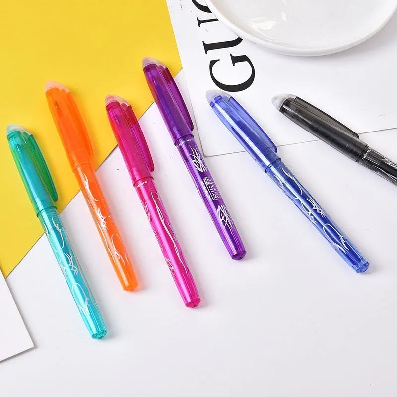 Hot erasable gel pen with stainless steel nib and plastic shell, available in 12 or 8 colour sets for office use