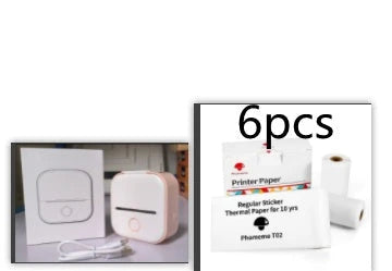 Compact Bluetooth-enabled thermal label printer in white, pink, and green colors with various label options