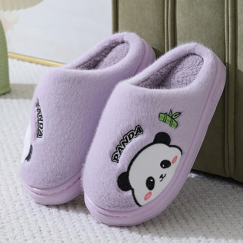 Cozy and stylish panda-themed plush slippers with a thick, cushioned sole for maximum comfort around the house