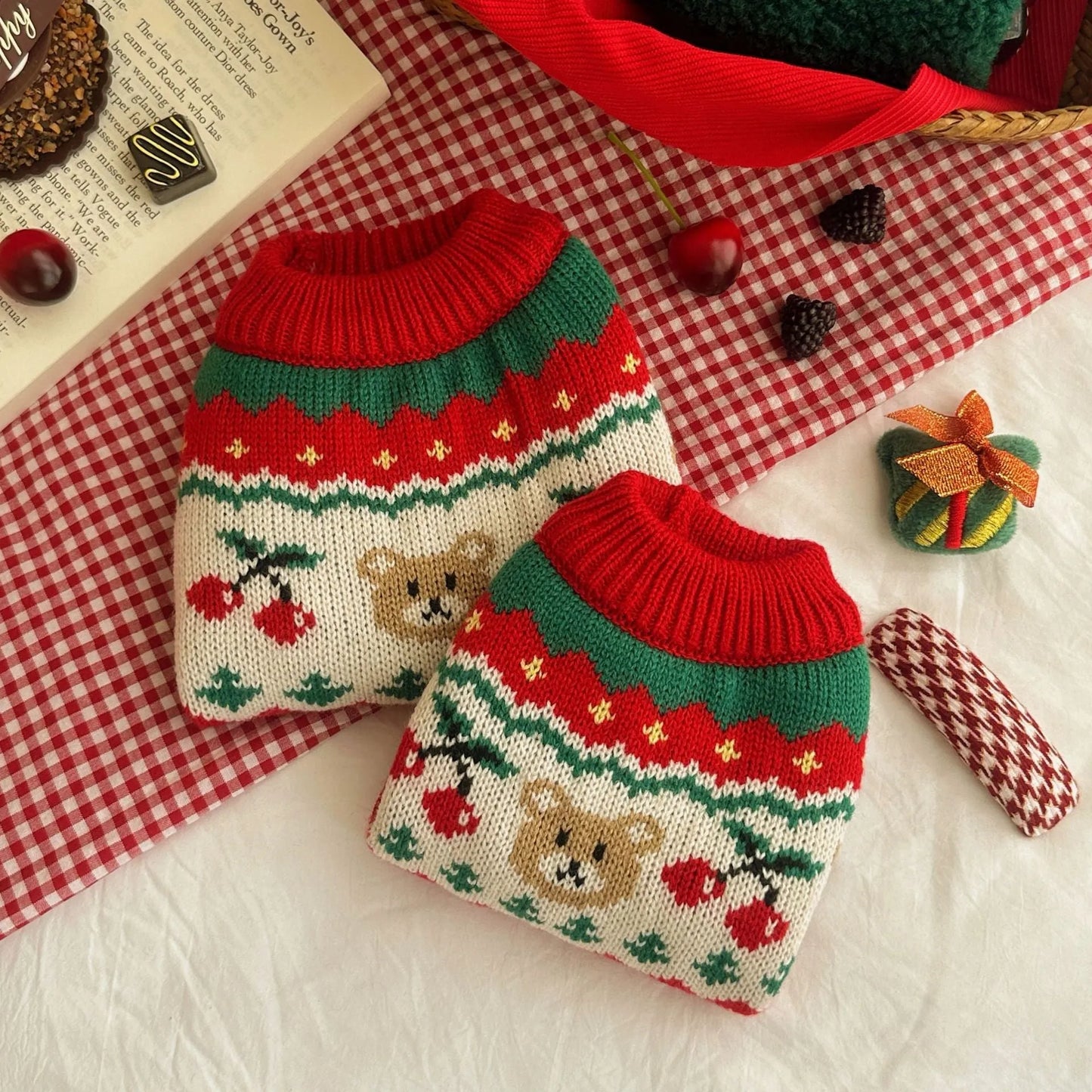 Red Christmas pet sweater with cherry print design for dogs and cats in polyester fabric