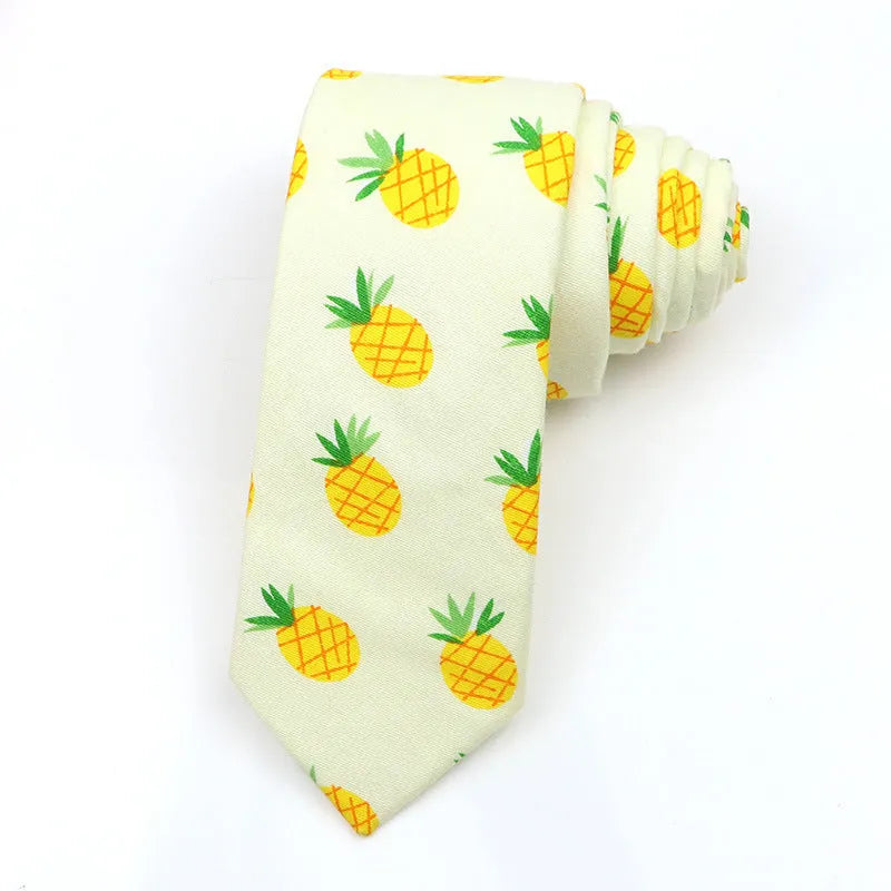 Korean style narrow men's cotton bow tie with a printed cartoon pattern on an adjustable fabric strap.