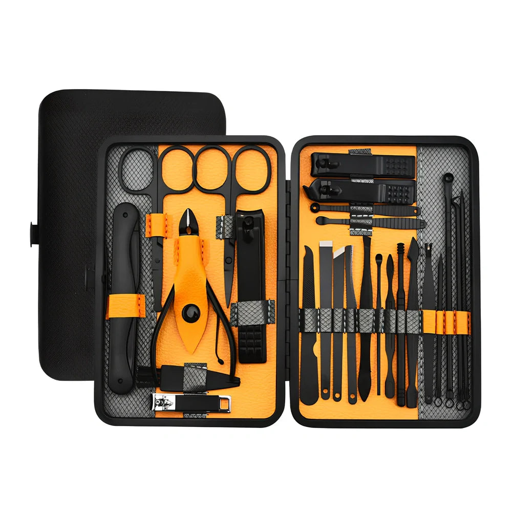 Beauty and manicure nail care kit with stainless steel tools in PU leather case showing multiple grooming implements