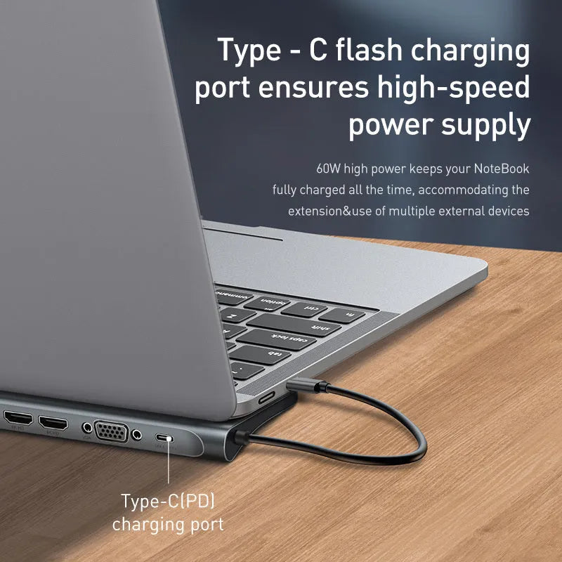 Aluminium laptop cooling docking station with ten ports including HDMI VGA and Gigabit network