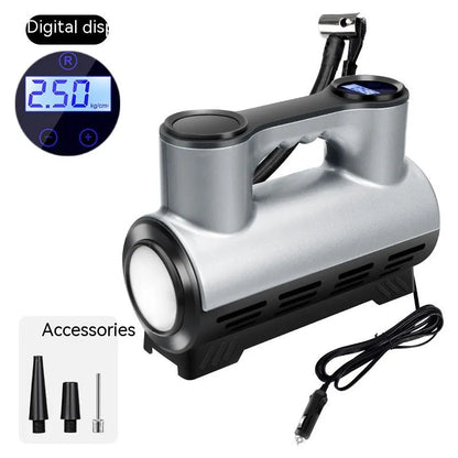 Compact black 12V portable car tyre inflator with digital display, pressure gauge, and power cable