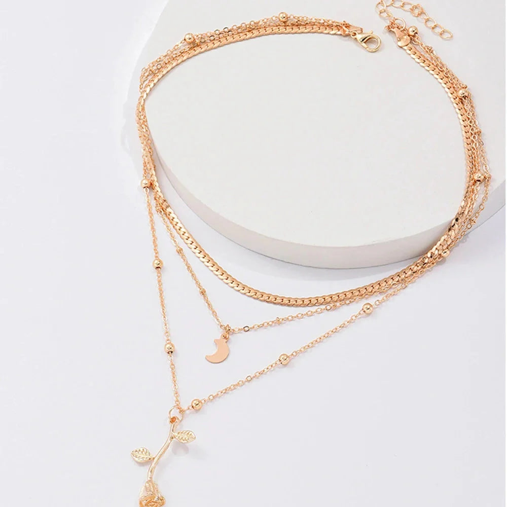 Bohemian multilayer gold pendant necklace with rose flower design on adjustable chain