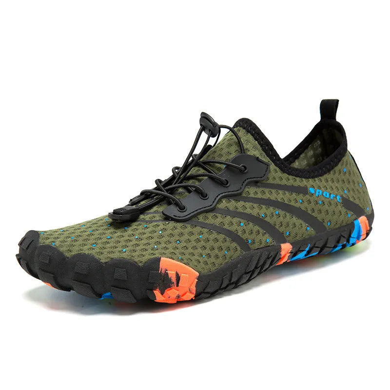 Low-top beach swimming shoes in army green with mesh fabric upper and rubber sole for fast drainage