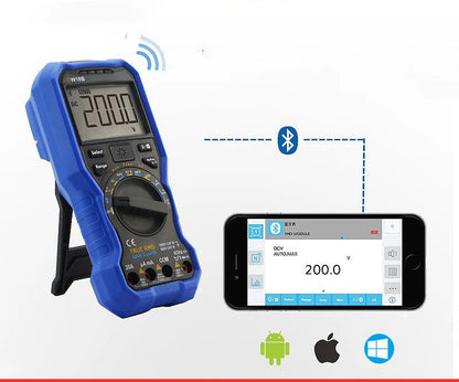 Handheld digital multimeter with display showing measurement, test leads, and Bluetooth symbol on model variant.