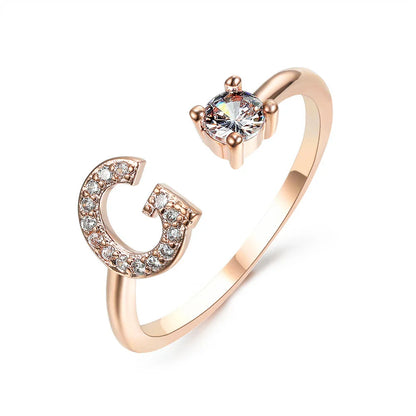 Personalized Initial Letter Crystal Ring with Adjustable Design in Gold, Silver, and Rose Gold Colors