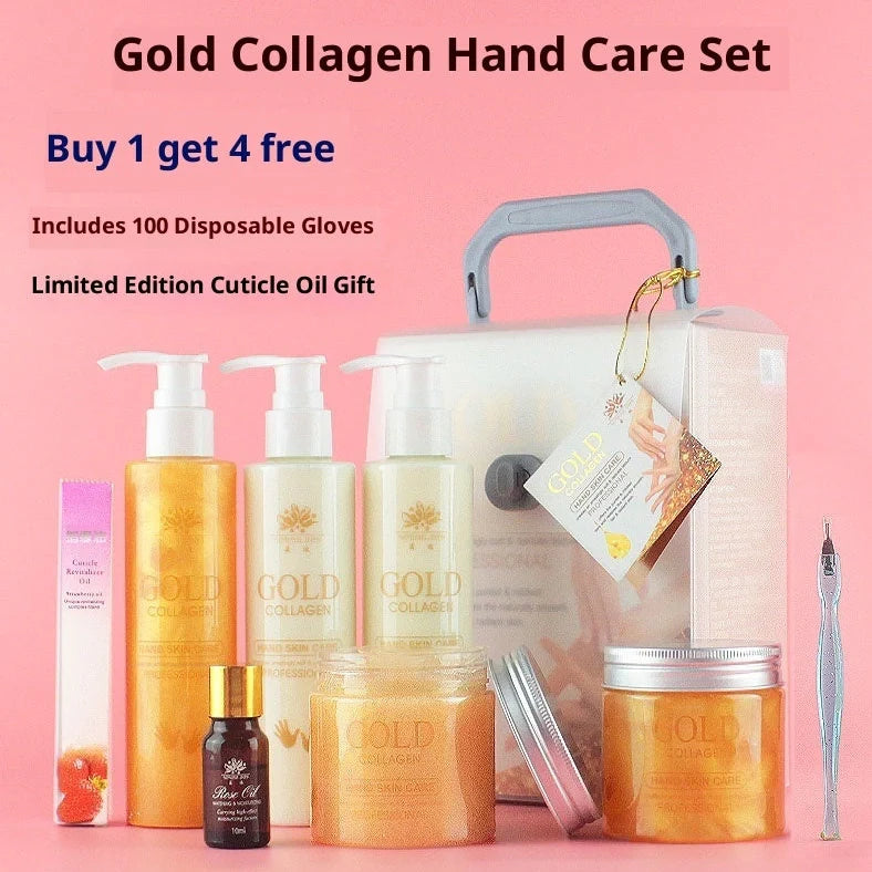 Gold Collagen Hand Care Set with five products totalling 1010g content including cleansing gel, scrub, massage cream, hand mask, hand cream and rose oil