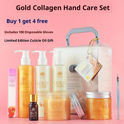 Gold Collagen Hand Care Set with five products totalling 1010g content including cleansing gel, scrub, massage cream, hand mask, hand cream and rose oil