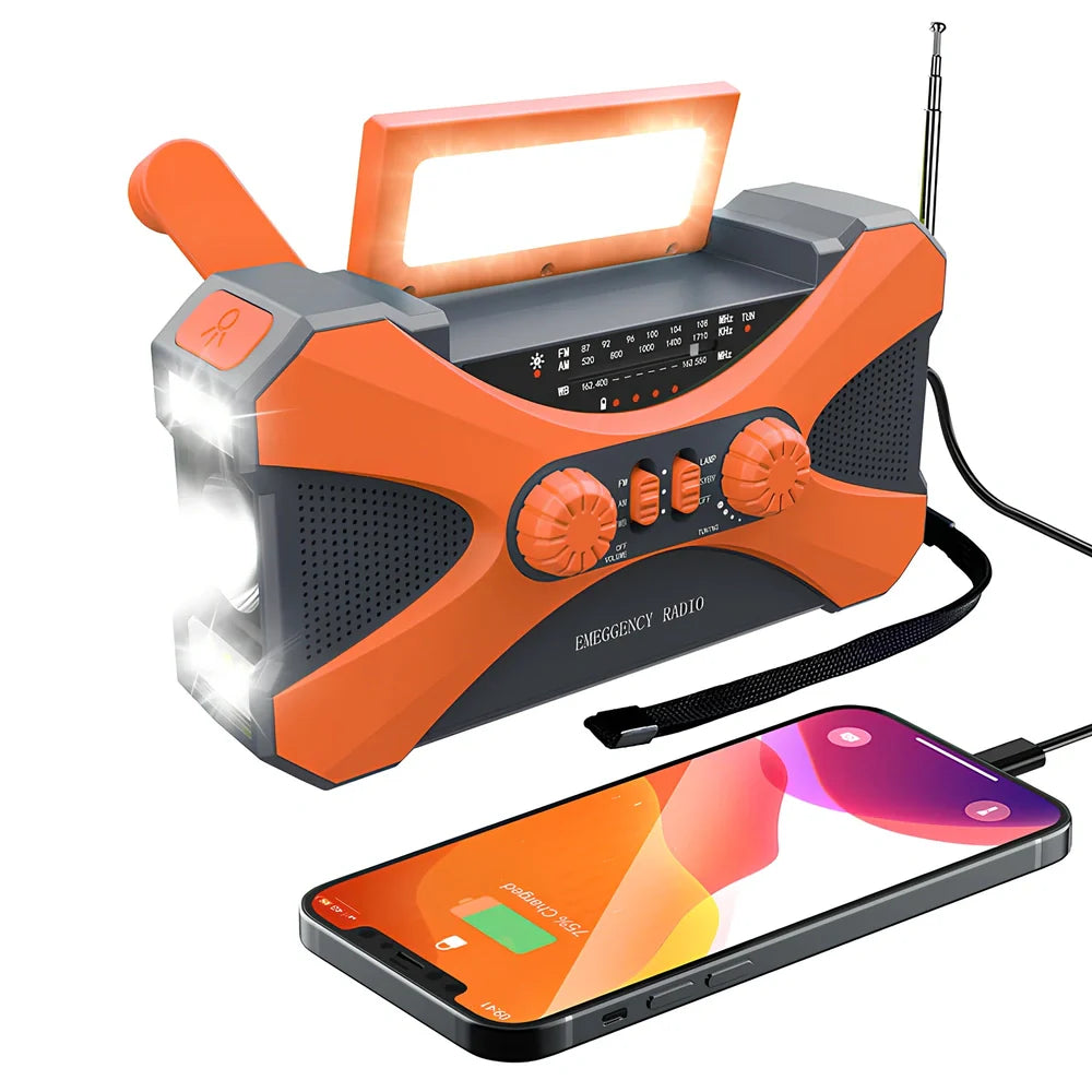 Green 3-in-1 hand crank emergency radio showing AM-FM-NOAA dials, 10000mAh battery, solar panel, reading lamp, and flashlight in 8x9.5x6.5cm portable design