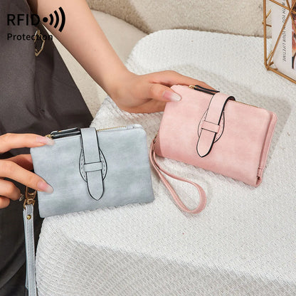 RFID women's short wallet in PU leather with sewing line detail, available in eight colours