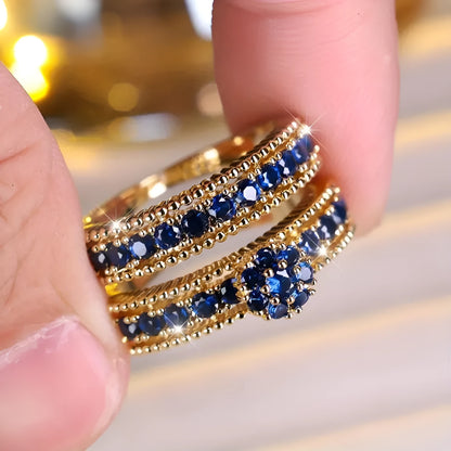 Gold geometric couple ring set with inlaid zircon stones, two-piece unisex design in sizes No 6 to No 10