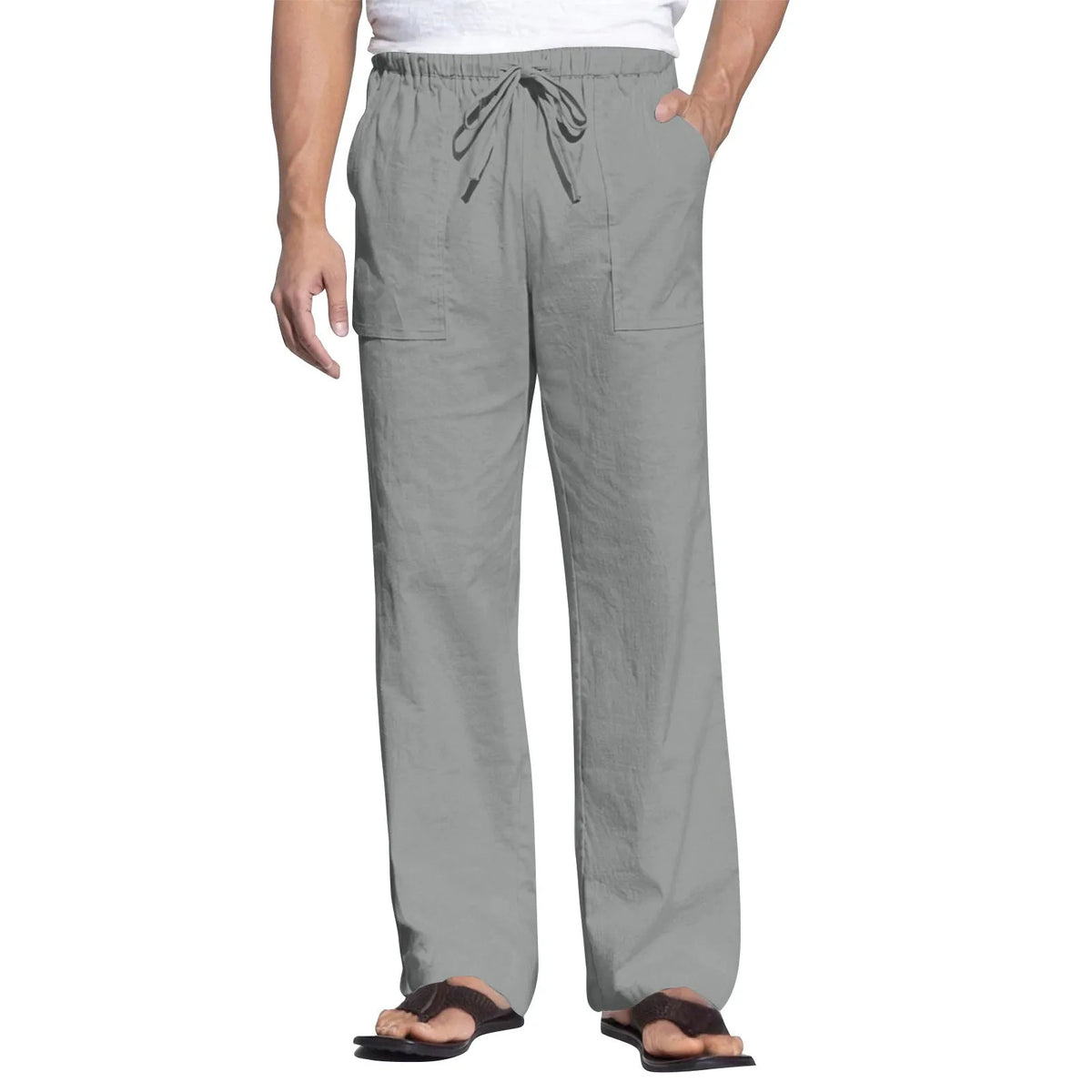 Men's cotton beach trousers with drawstring elastic waist straight leg casual design in multiple colours