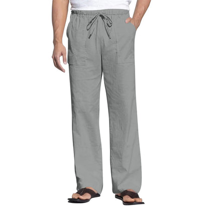 Men's cotton beach trousers with drawstring elastic waist straight leg casual design in multiple colours