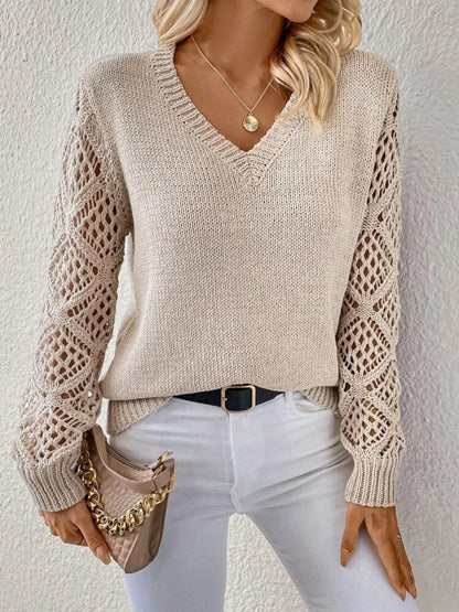 Stylish V-neck sweater with hollow long sleeves in a variety of trendy colors