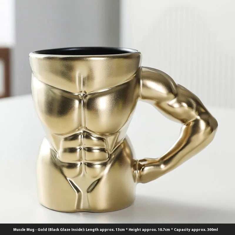 Men's ceramic mug with embossed muscular arm design in matte black finish, 300ml capacity