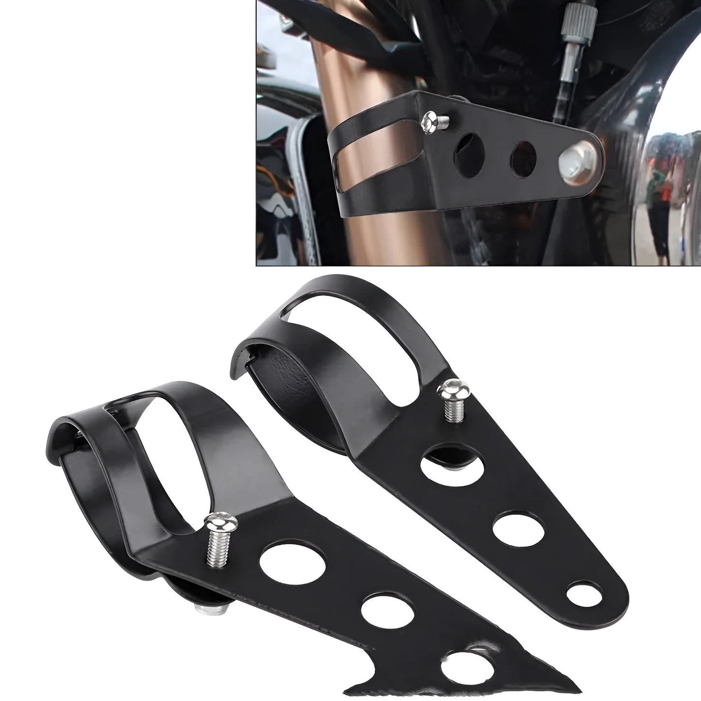 Black iron motorcycle headlamp support bracket pair for retro bike modification