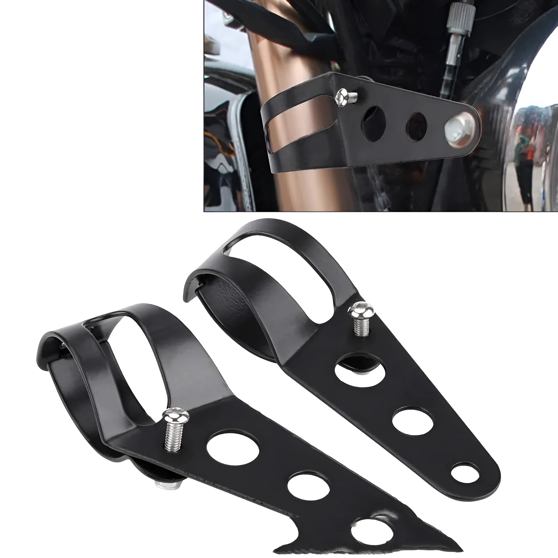 Black iron motorcycle headlamp support bracket pair for retro bike modification