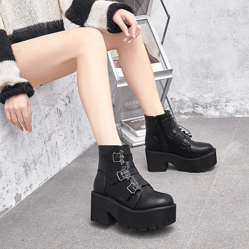 Black Harajuku punk bat buckle gothic short boots with side zipper and thick heel