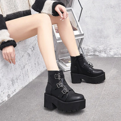 Black Harajuku punk bat buckle gothic short boots with side zipper and thick heel