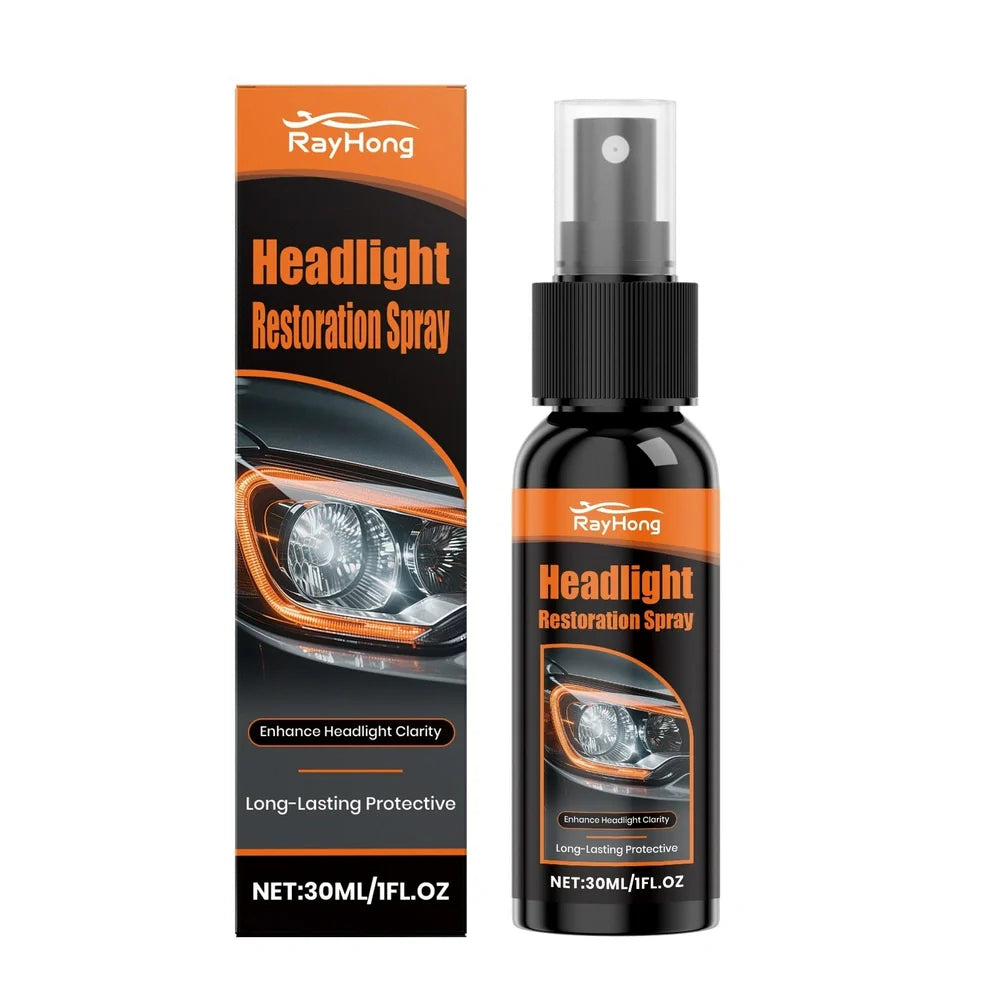 Headlight restoration spray bottle with before/after photos showing yellowed plastic headlight restored to clear