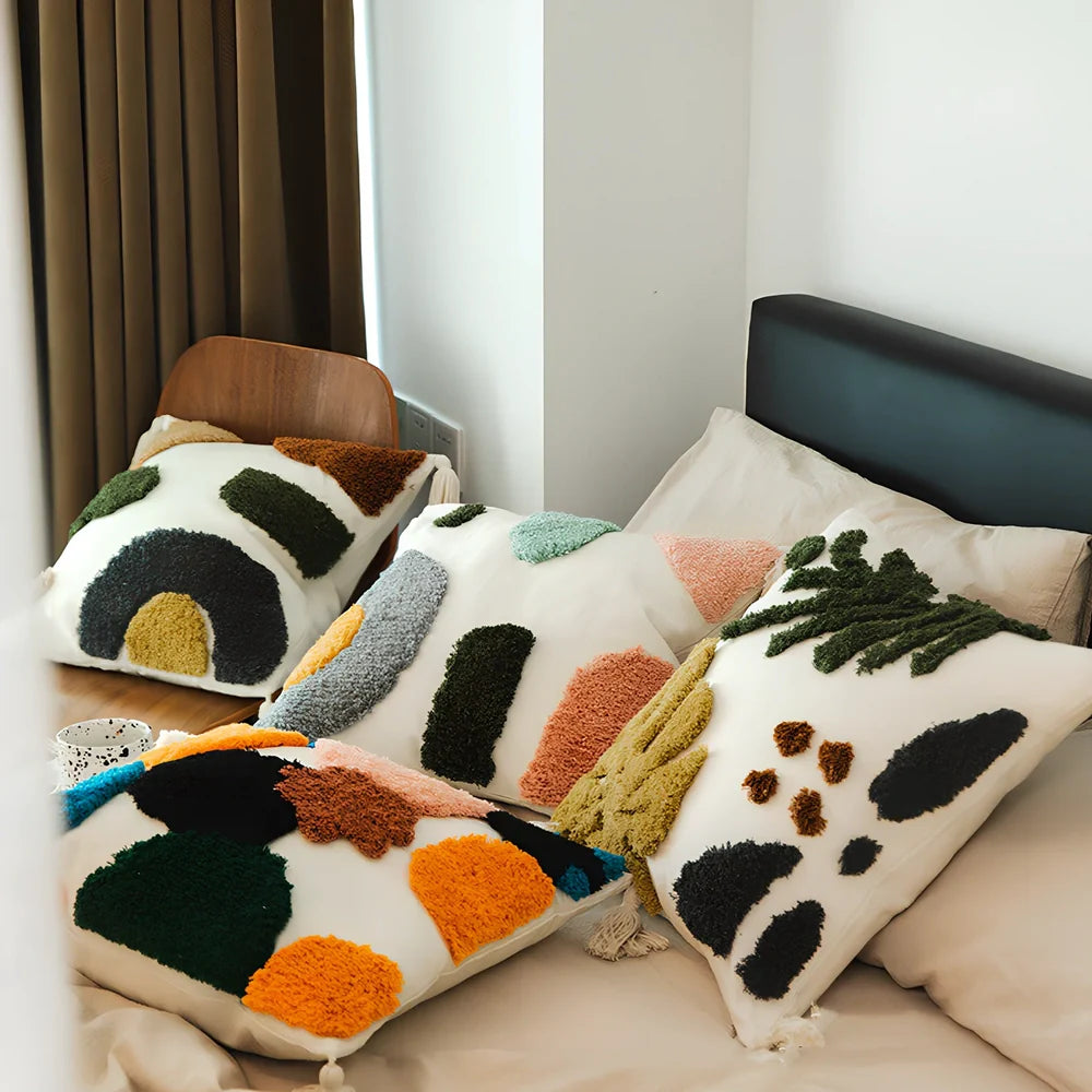 Tufted cotton sofa pillowcase 45x45cm in dark grey flower field print, showing textured loops and full coverage design