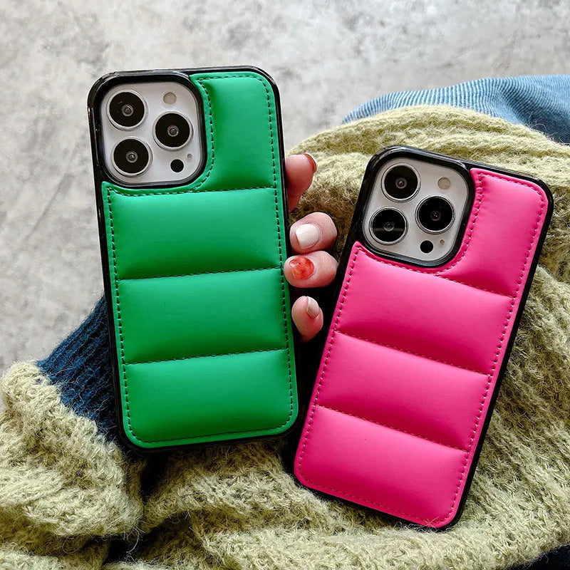 Candy down jacket texture phone case for iPhone in black, white, rose red, or green colours